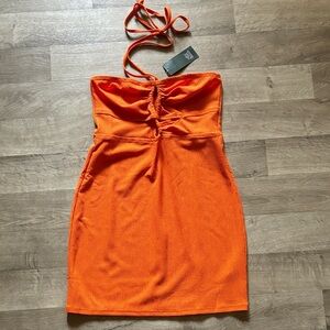 Orange Ruched Strapless Dress